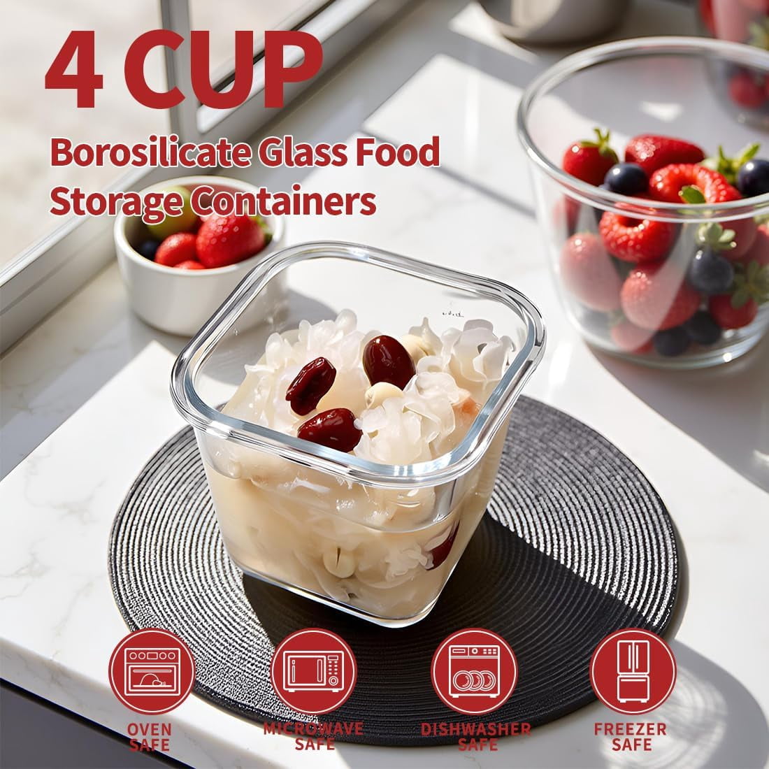 TT - 4 Cup Square Glass Food Storage Container with Lids, Square Glass Soup Container with Airtight Lids, 32 OZ Food Prep Bowls for Leftovers, Salad, Microwave、Fridge、Dishwasher Safe (4 Pack)