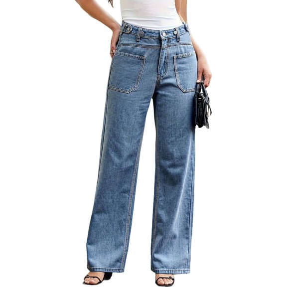 Womens Mid Rise Wide Leg Jeans Boyfriend Casual Denim Pants with Pockets