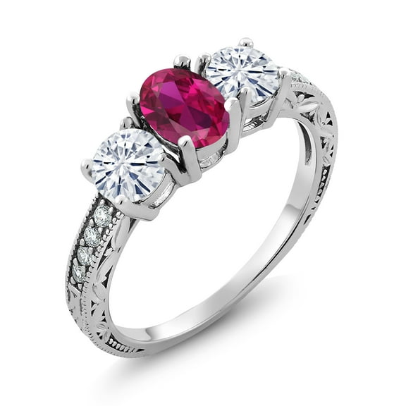 Gem Stone King 925 Sterling Silver 3-Stone Ring Created Ruby Moissanite(1.97 Cttw) (Size 9)