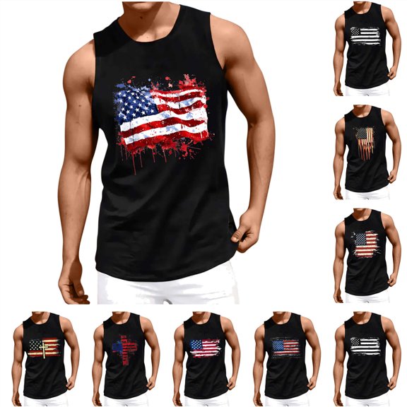 lcziwo Mens Tank Tops 4th of July Shirts Crewneck Gym Muscle Beach Shirts Sleeveless Cotton Blouses American Flag Graphic Tee Tops Black XXL, Man Gifts for Dad