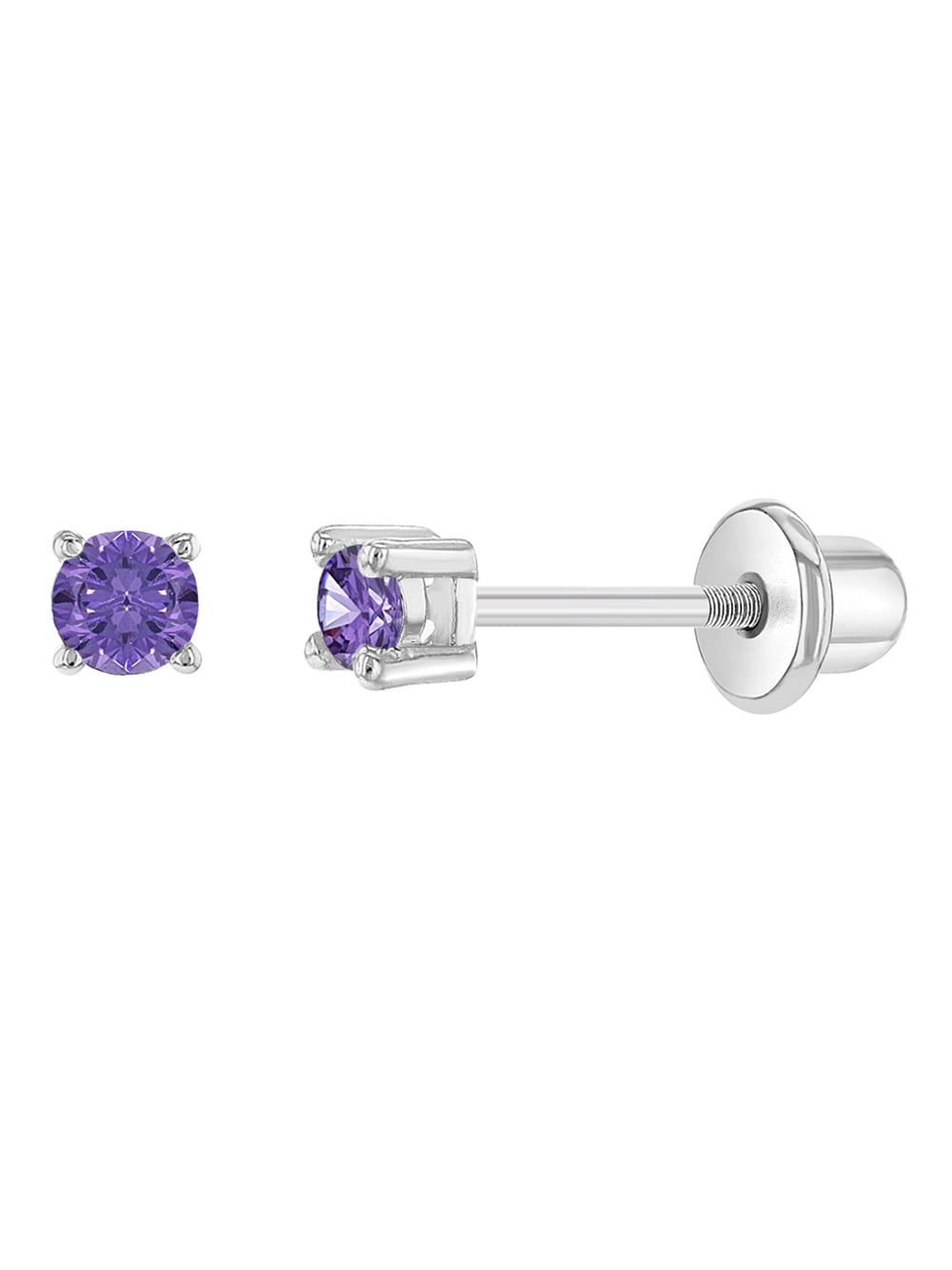 Little Treasures 14 ct White Gold Plated Sterling Silver Purple Heart CZ Stud Screw Back Earrings For Children /& Women