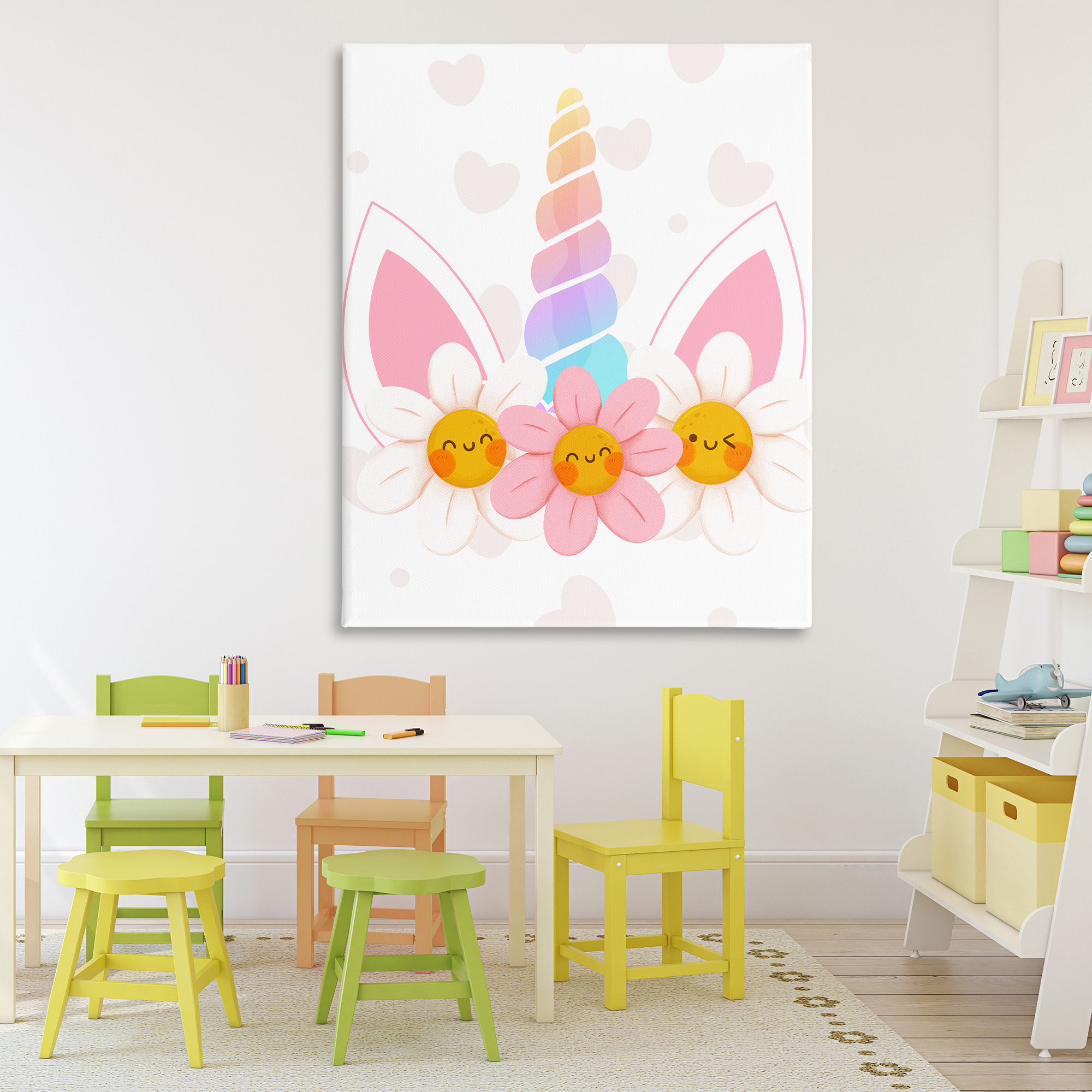 Daisy Unicorn with Hearts Canvas Wall Art, design by Jesse Keith