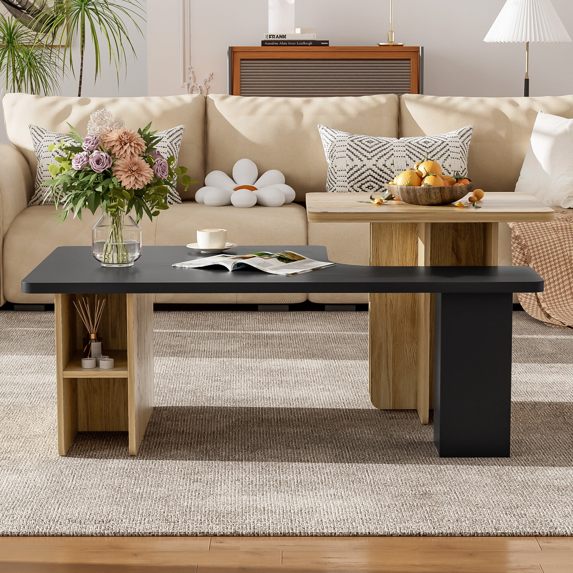 AENKYO Modern Nesting Coffee Table Set, 2-Piece Wood Grain End Tables with Open Shelves for Living Room, Black