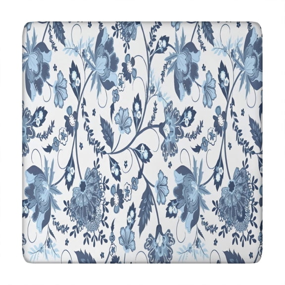 Blue Floral Leaf Pattern Square Fitted Tablecloth with Elastic Edge,Square Table Cover,Washable Elastic Table Cover for Home Kitchen Party Decor 34"x34"