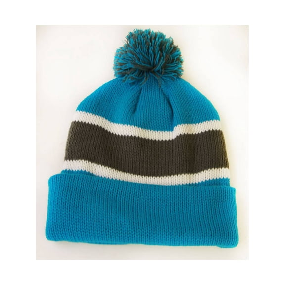 Winter Striped Beanie with Pom - Turquoise/Grey