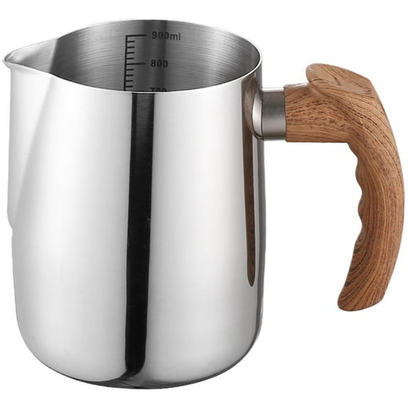 Hzzsbu Stainless Steel Milk Frothing Pitcher, 12oz Jug with Measurement Marks, Wood Handle & Precision Spout for Latte Art
