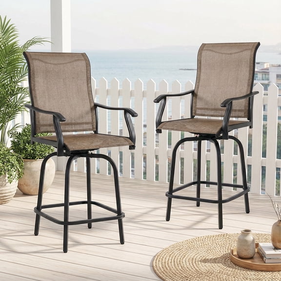 Set of 2 Metal Bar Height Swivel Chairs with Textilene Fabric and Backrest, All-Weather Patio Seating for Backyard, Garden, Poolside