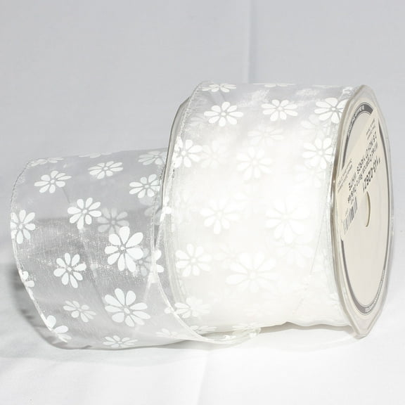 The Ribbon People Sheer White Retro Daisies Wired Craft Ribbon 2.5" x 27 Yards