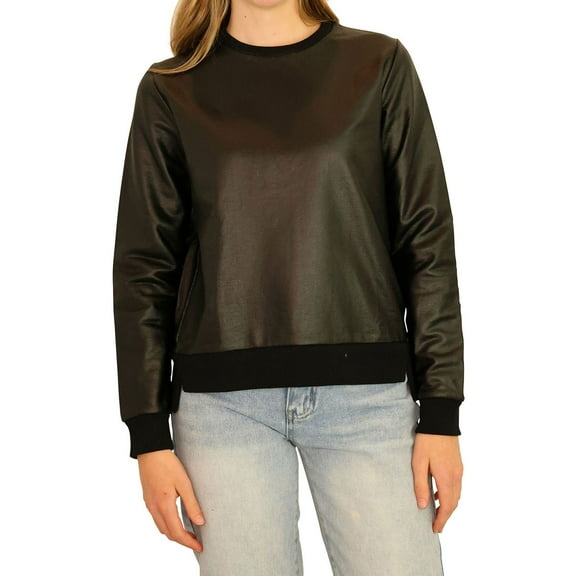 Elevenparis Womens Faux Leather Sweatshirt, Black, Medium