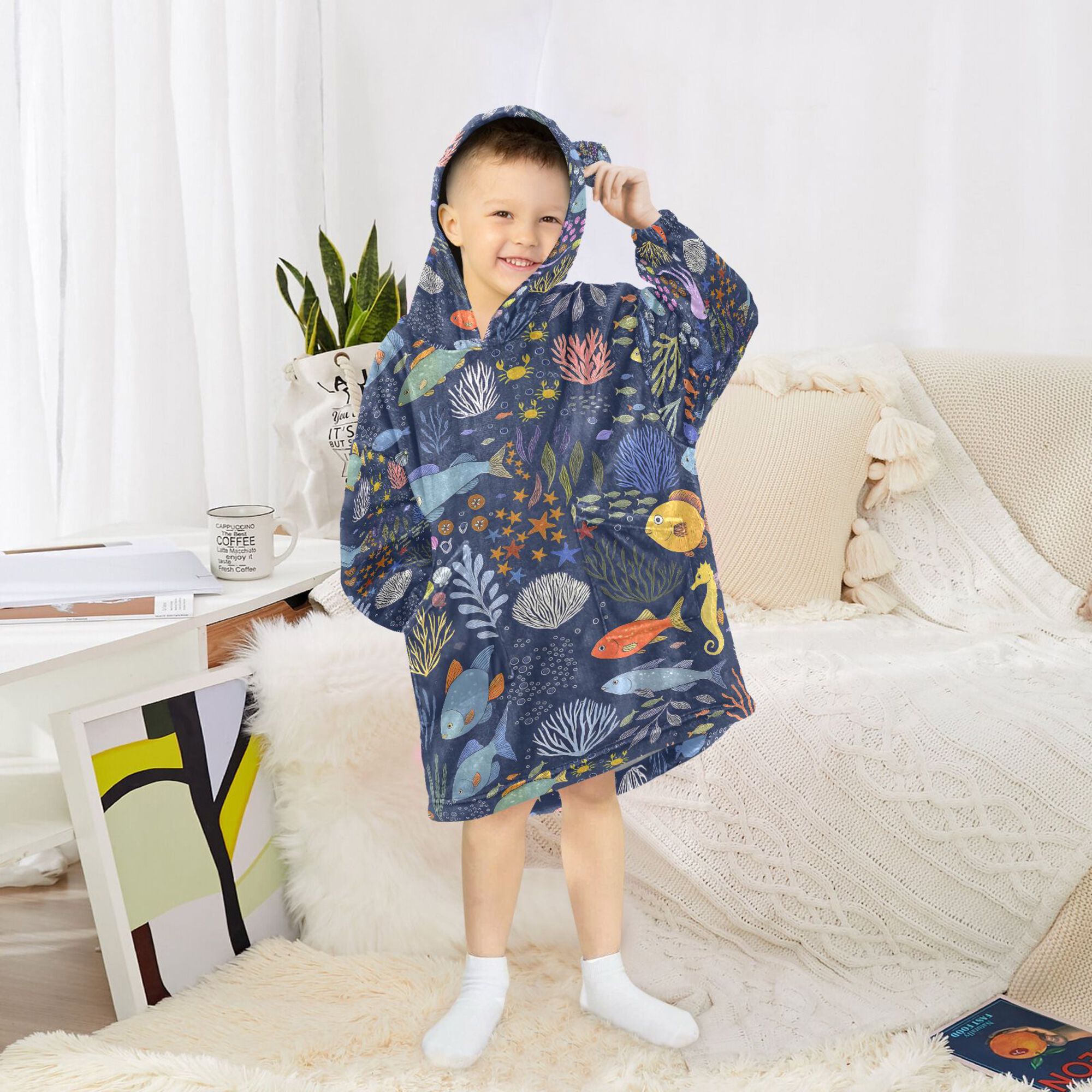 FORMRS Wearable Blanket Hoodie with Sleeves for Kids Cozy Flannel Sweatshirt, Cartoon Ocean Pattern