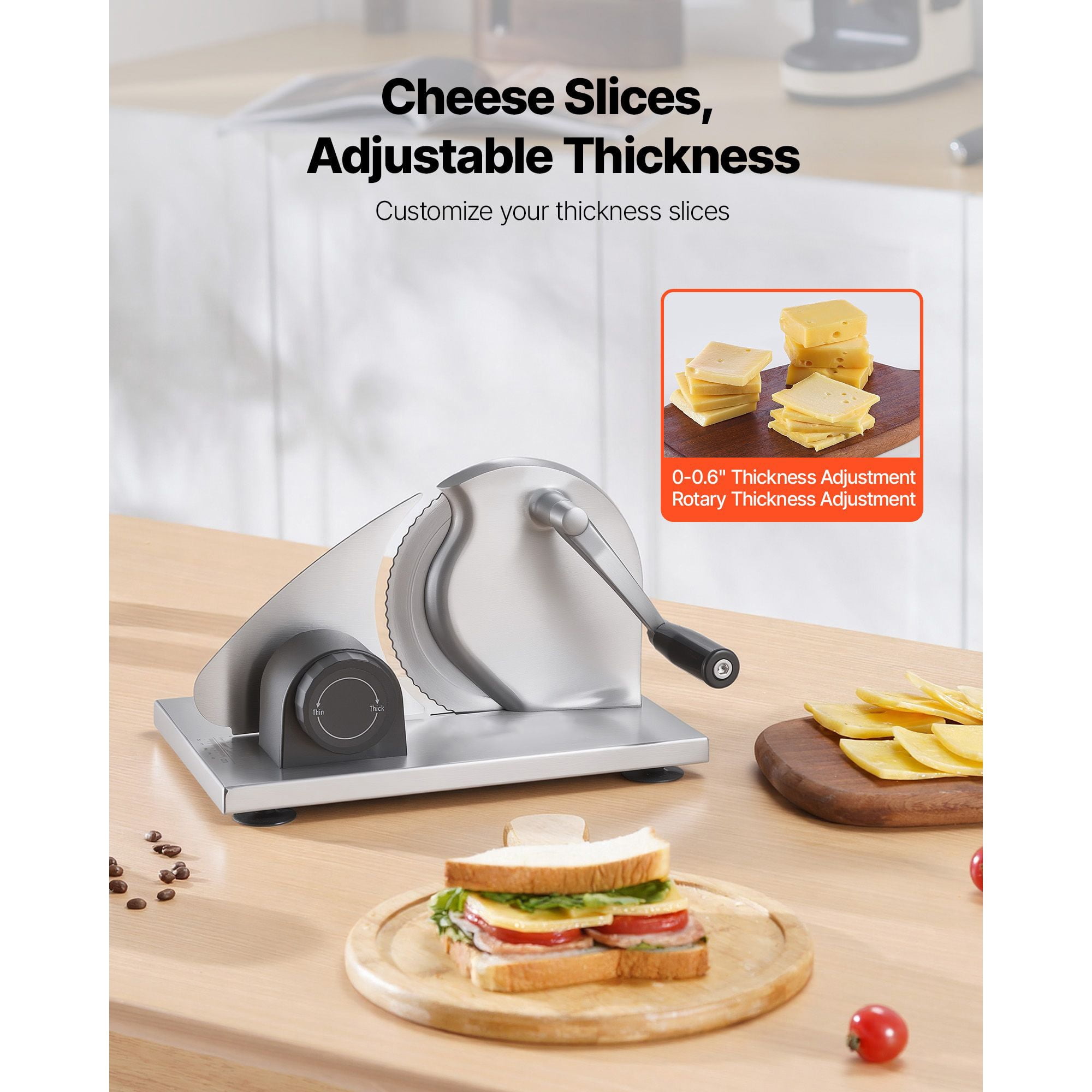 Hand-Cranked Bread Slicer with Adjustable 0-0.6" Thickness, Stainless Steel Blades, Suction Cup Base, Manual Cheese Meat Bread Cutter for Kitchen