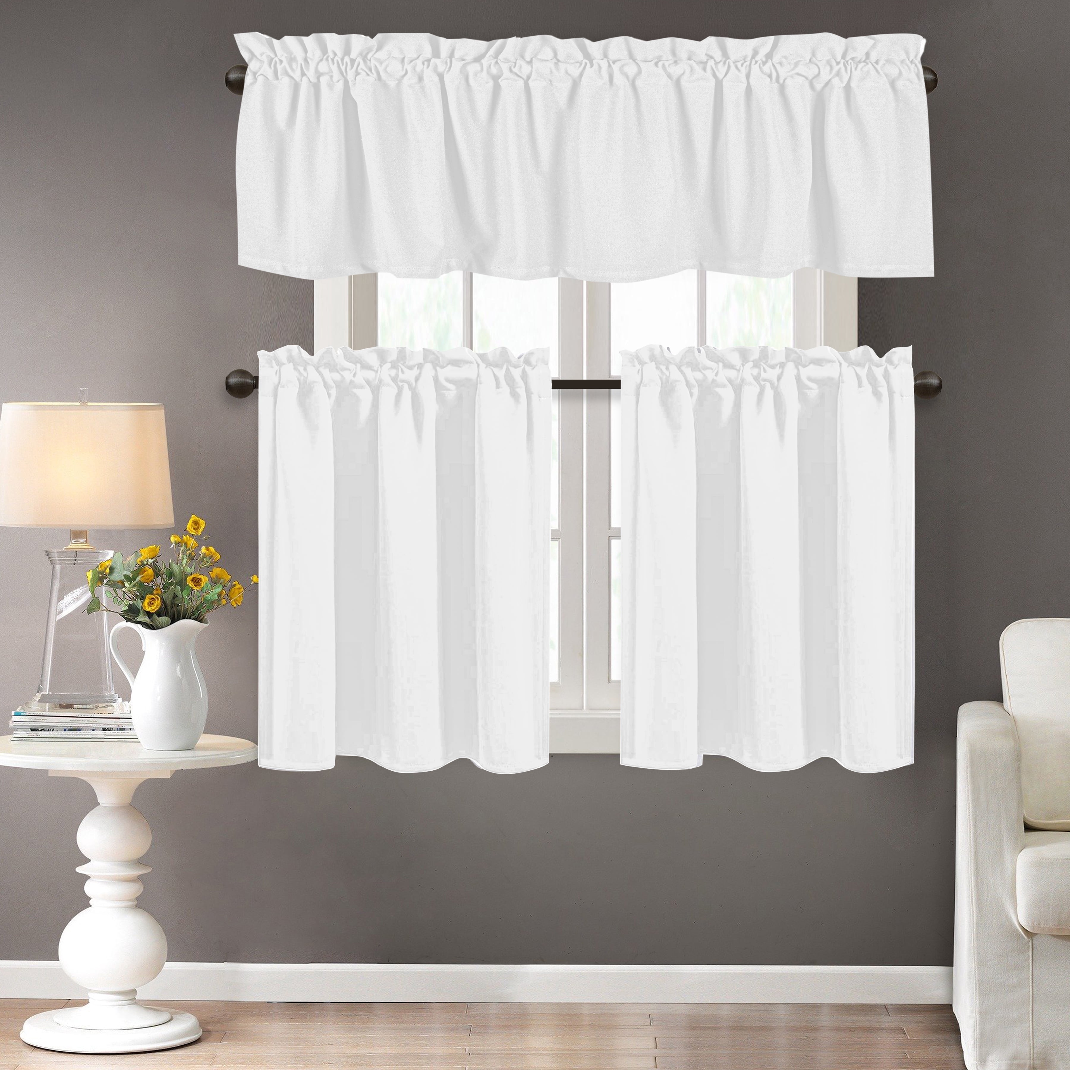 Native Fab 100% Cotton Kitchen Window Curtain Tiers Valance Set - Rod Pocket Style 3 Piece - White