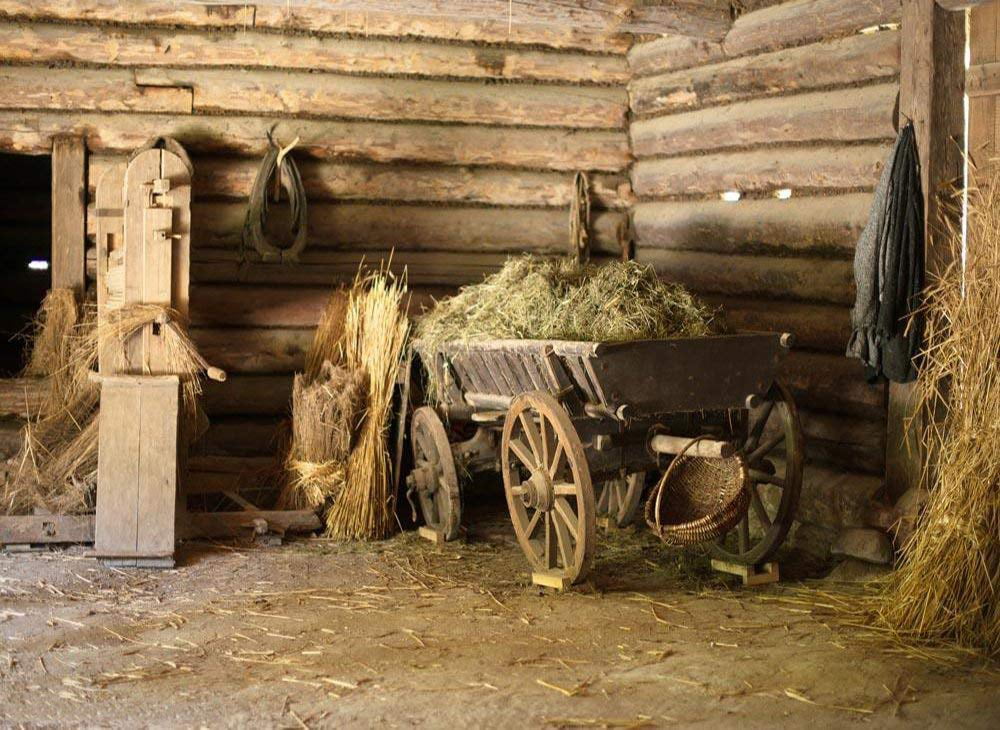 Wofawofa Vinyl Wild West Old Small Barn Backdrop 9X6FT West Cowboy Backdrops Straw Haystack Farm Tools Ancient Bicycles Horseshoe Autumn Photography Background for Men Party Photo Studio Props BL16