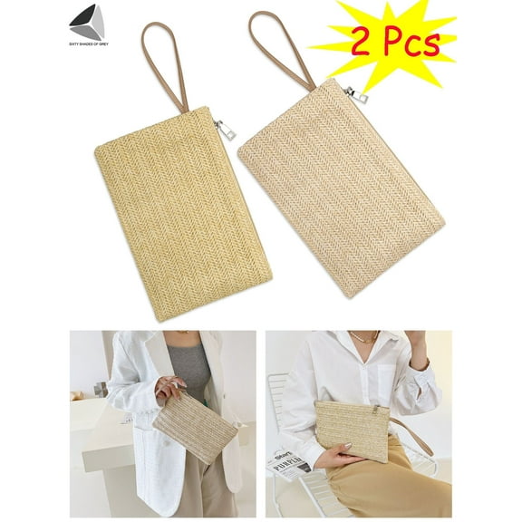 PULLIMORE Womens Straw Clutch Handbag Purse Boho Zipper Wristlet Summer Beach Wallets Bags (Khaki White)