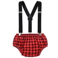 thumbnail image 4 of FYMNSI Baby Boy First Birthday Cake Smash Outfit Camping Theme Short Sleeve Romper+Diaper Cover Shorts+Y-Back Suspenders+Headband 4PCS Photo Shooting Clothes Red Plaid, 4 of 7
