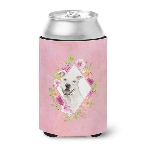 White Pit Bull Terrier Pink Flowers Can or Bottle Hugger