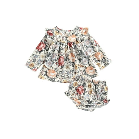 

TheFound Princess Baby Girls Clothes 2pcs Flowers Printed Ruffles Long Sleeve Dress Tops Trousers Sets