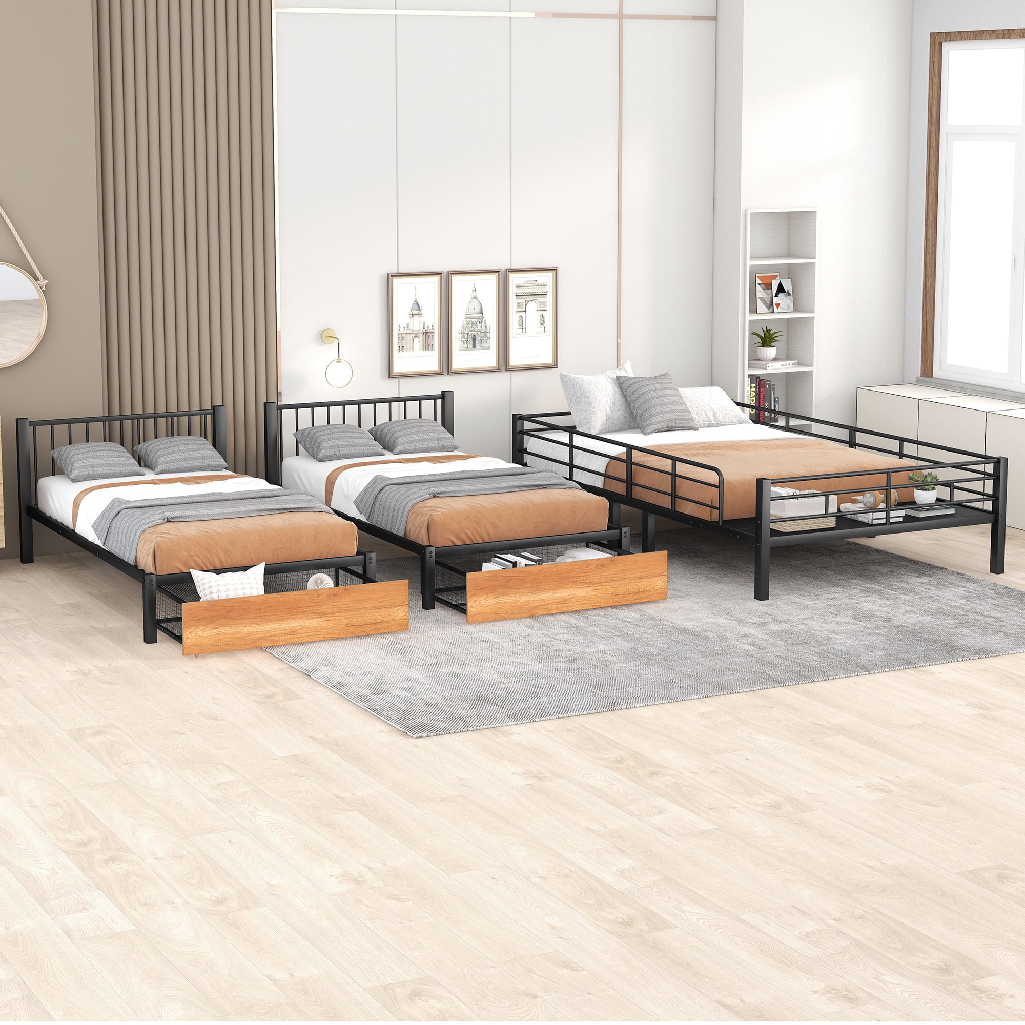 Mintazer Full Over Twin Over Twin Size Bunk Bed Frame with 2 Storage Drawers & Side Ladder, Triple Metal Bunk Bed with Guardrail, Can Be Split Into 3 Separate Beds, No Box Spring Needed, Black