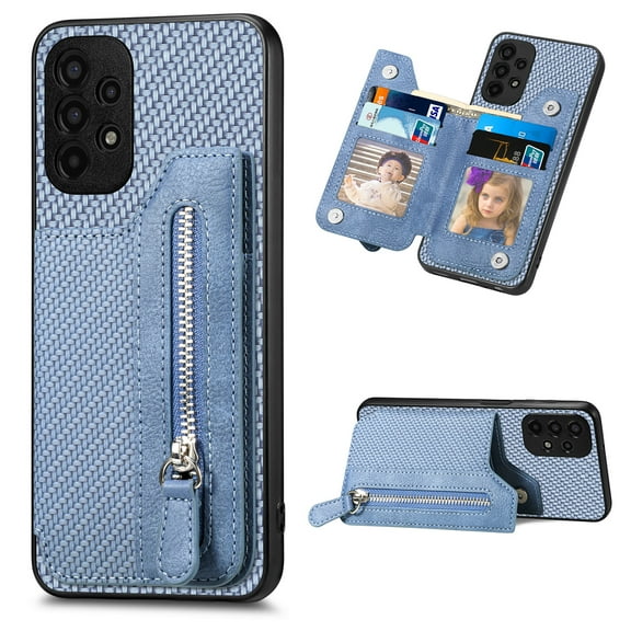 Feishell Case for Samsung Galaxy A23 5G 6.6 inch,Fiber Grain PU Leather Back Wallet Case with Credit Card Slots & Zipper Pocket Shockproof Magnetic Buckle Flip Kickstand Phone Case,Blue