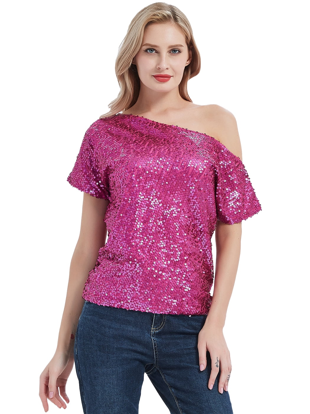 Womens Off-shoulder Sexy Blouses Loose Shirt Tops Glistening