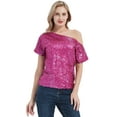 thumbnail image 3 of Womens Short Sleeve One Shoulder Sexy Sequin Top Blouse, 3 of 5