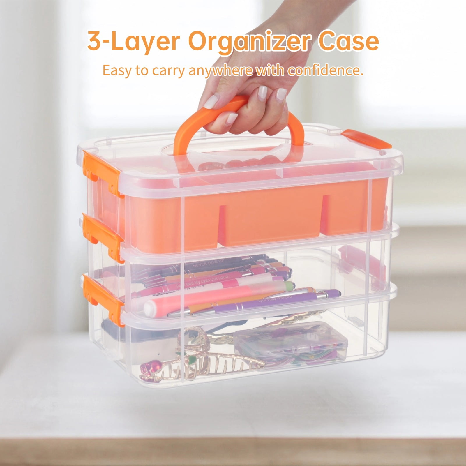 3-Layer Organizer Case Stack & Carry Box, Plastic Multipurpose Storage Container Box, Portable Handled Storage Box with Removable Tray for Organizing Sewing Supplies