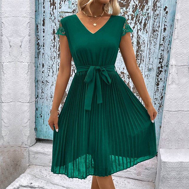 Puntoco Vestido De Manga Corta Con Cuello En V, Vestido Plisado De Color Liso Con Costuras De Encaje Para Mujer Verde Xl