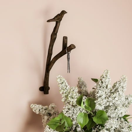 Cast Iron Decorative Bird on Tree Branch Hook, Shabby Chic Rustic Wall Mount Hooks by Lavish Home