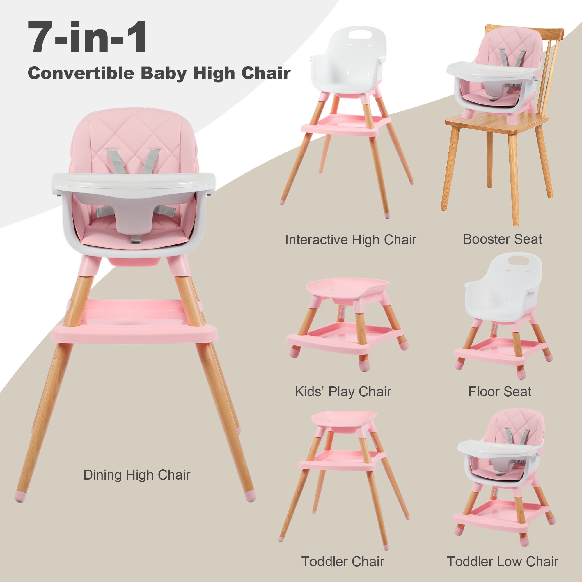 AILEEKISS 7 in 1 Wooden Baby High Chair for Toddler Infant Feeding Chair with Removable Tray Pink