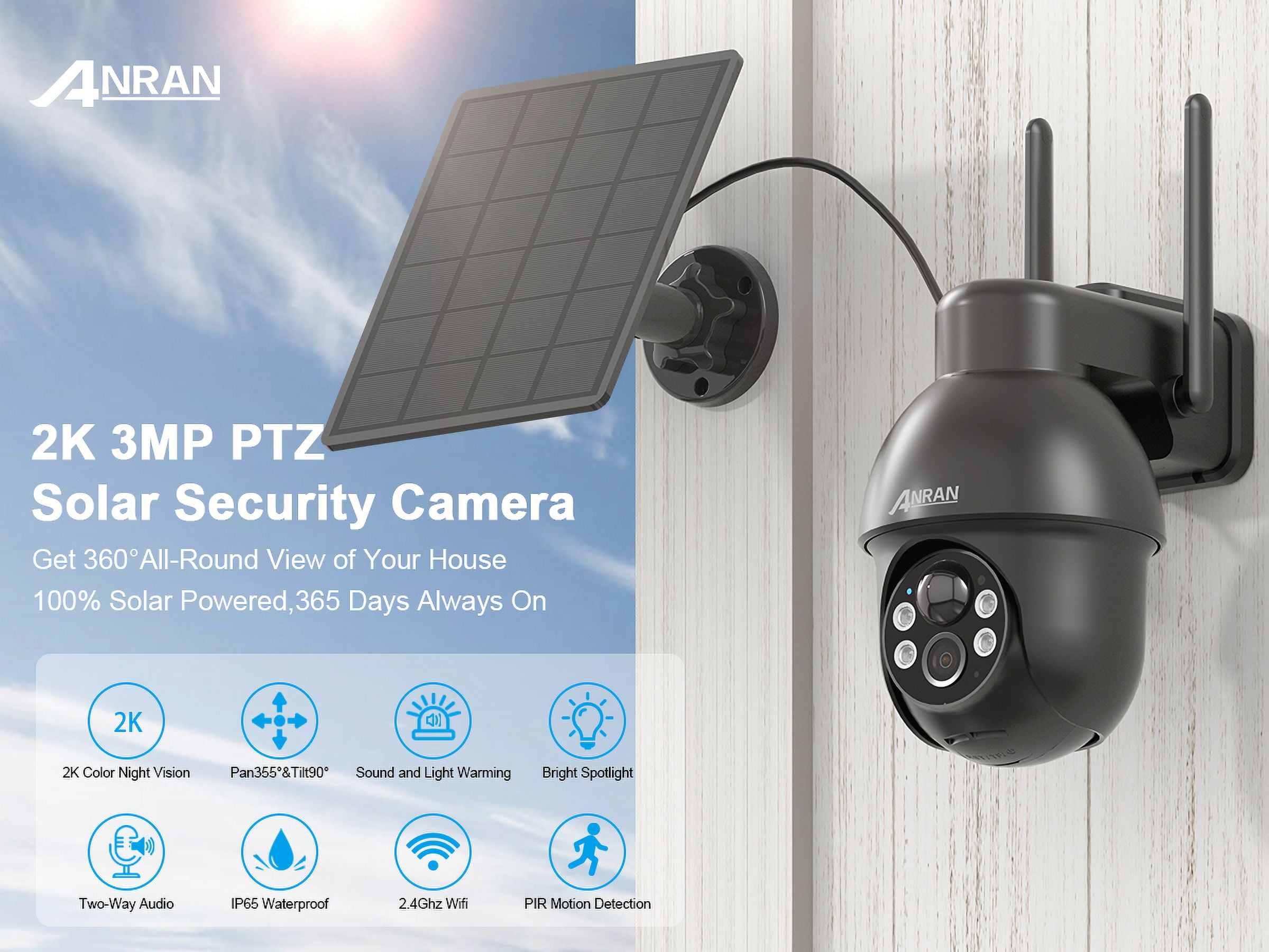 ANRAN 2K Security Camera Wireless Outdoor, Solar Outdoor Camera with 360° View, Smart Siren, Spotlights, 3MP Color Night Vision, AI Human Detection, 2-Way Talk