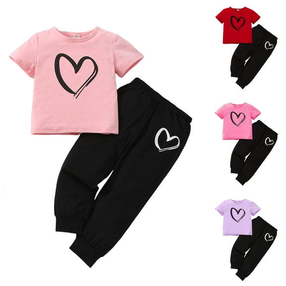 Miluxas Kid Girl Clothes Heart Print Short Sleeves Top   Pants 2PC Summer Outfit Set Red 1-2Years