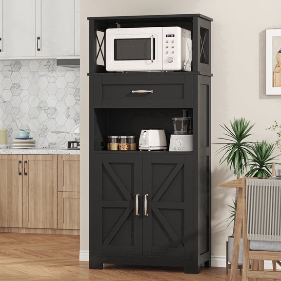 Casendy Kitchen Cabinet with Doors, Farmhouse Pantry Cabinet with Storage Shelf and Drawer, Wooden Kitchen Cupboard Cabinets for Dining Room, Living Room, Black