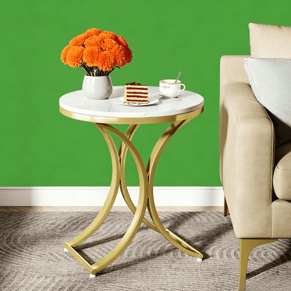 Round Side Table with White Marble Top & Gold Base, Small End Table for Sofa, Bedroom, Living Room