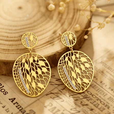 Fashionable Bohemian Hollow-Out Leaf Lace Dangle Earrings for Women, Exaggerated Stainless Steel with Zirconia, Lightweight Statement Ear Jewelry