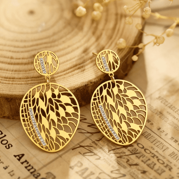 Fashionable Bohemian Hollow-Out Leaf Lace Dangle Earrings for Women, Exaggerated Stainless Steel with Zirconia, Lightweight Statement Ear Jewelry