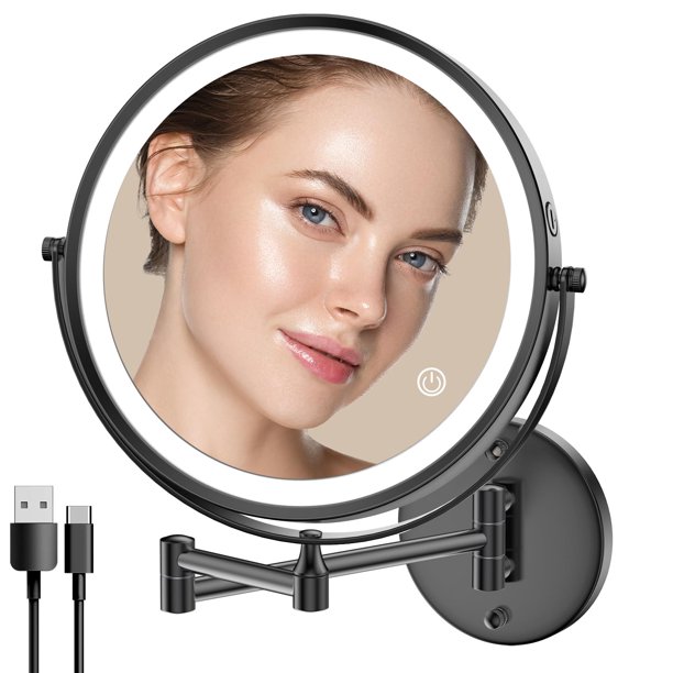 Espejo de Maquillaje Rocollos 9" Montado en Pared con Luz y Aumento 1X/10X