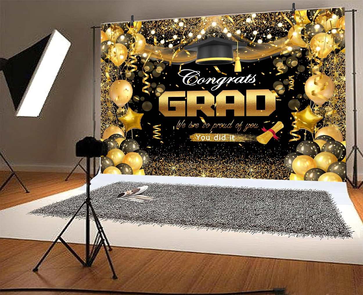 7 x 5 ft Congrats Graduation Backdrop Black Gold Glitter Balloons Celebrating Class of 2025 Party Background Graduate Party Ceremony Portrait Deocrations Props Banner