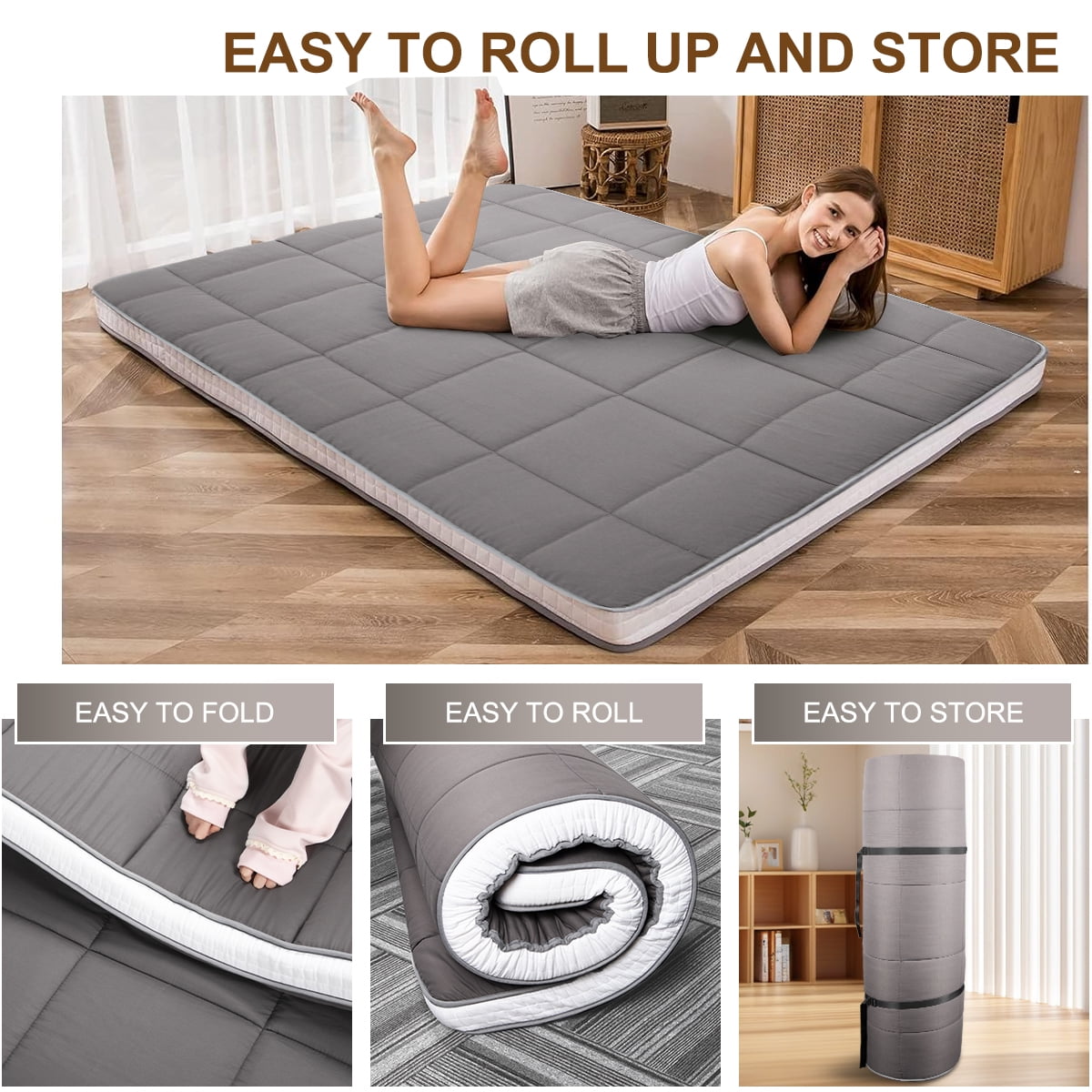 CshidWorld Japanese Floor Mattress, Futon Mattress w/Storage Bag & Washable Cover, Roll up Floor Mattress 4” Thick Tatami Mattress Quilted Bed Mattress Topper for Dorm, Guest Room, Gray, Queen