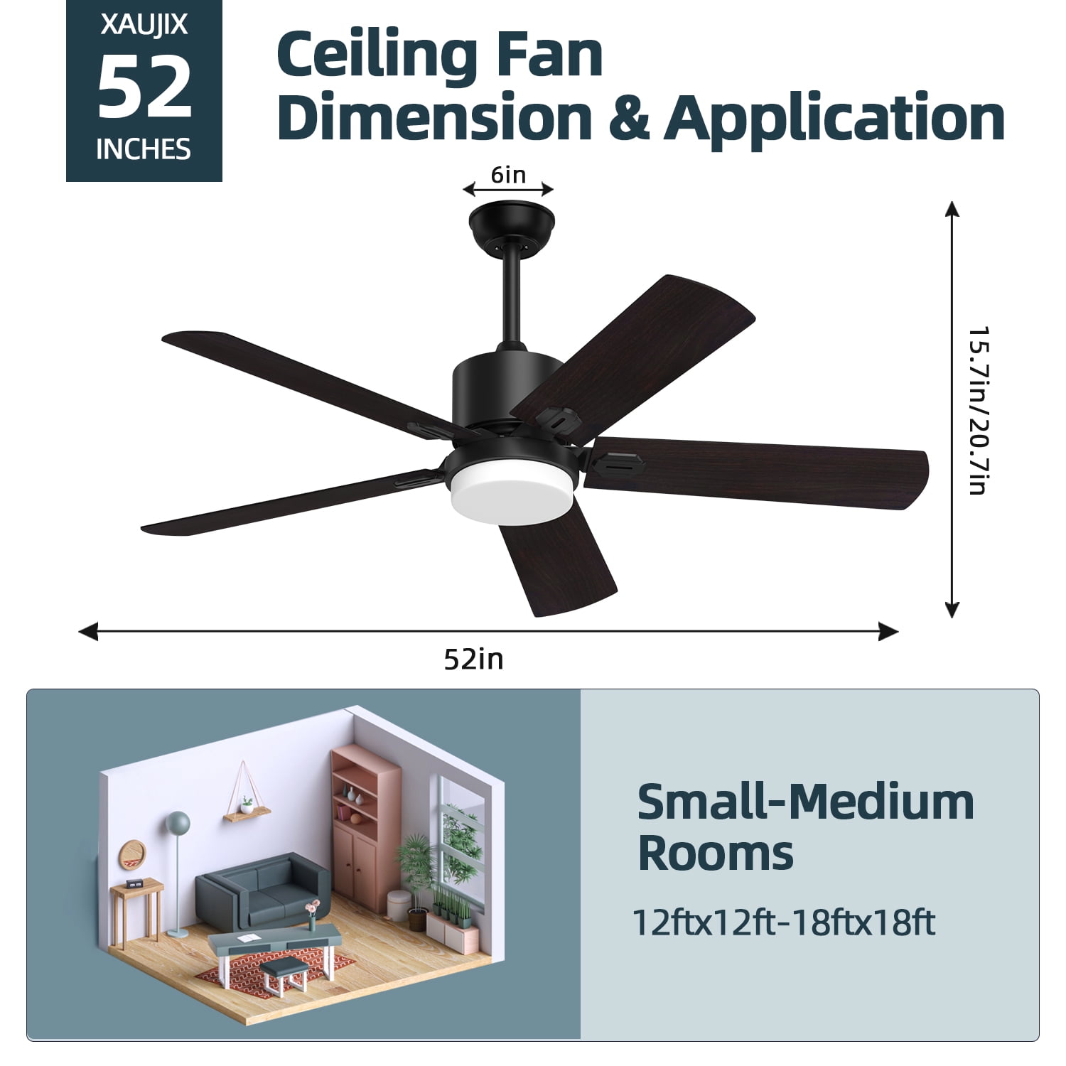 XAUJIX 52 inch Black Ceiling Fans with Lights, Remote, 6