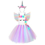 Cuteshower Girl Unicorn Costume, Baby Unicorn Tutu Dress Outfit Princess Party Costumes with Headband and Wings 5-6 years White