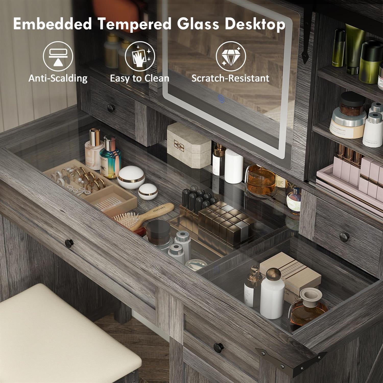 Demi Bonn 54" Modern Vanity Set with Mirror, Lights & Cushioned Stool, Storage Drawer, Cabinet & Shelves for Bedroom, Gray