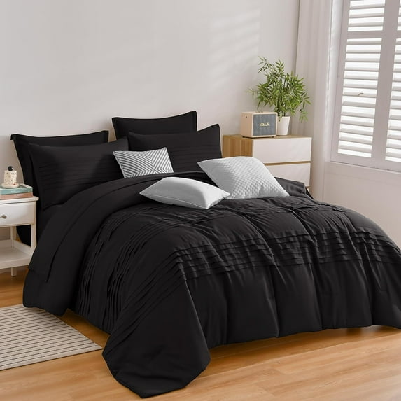 ZXNYH King Size Comforter Set 7 Piece Bed in a Bag, Sage Green Pleated Comforter and Sheet Set, All Season Soft Microfiber Complete Bedding Set(Green, King)