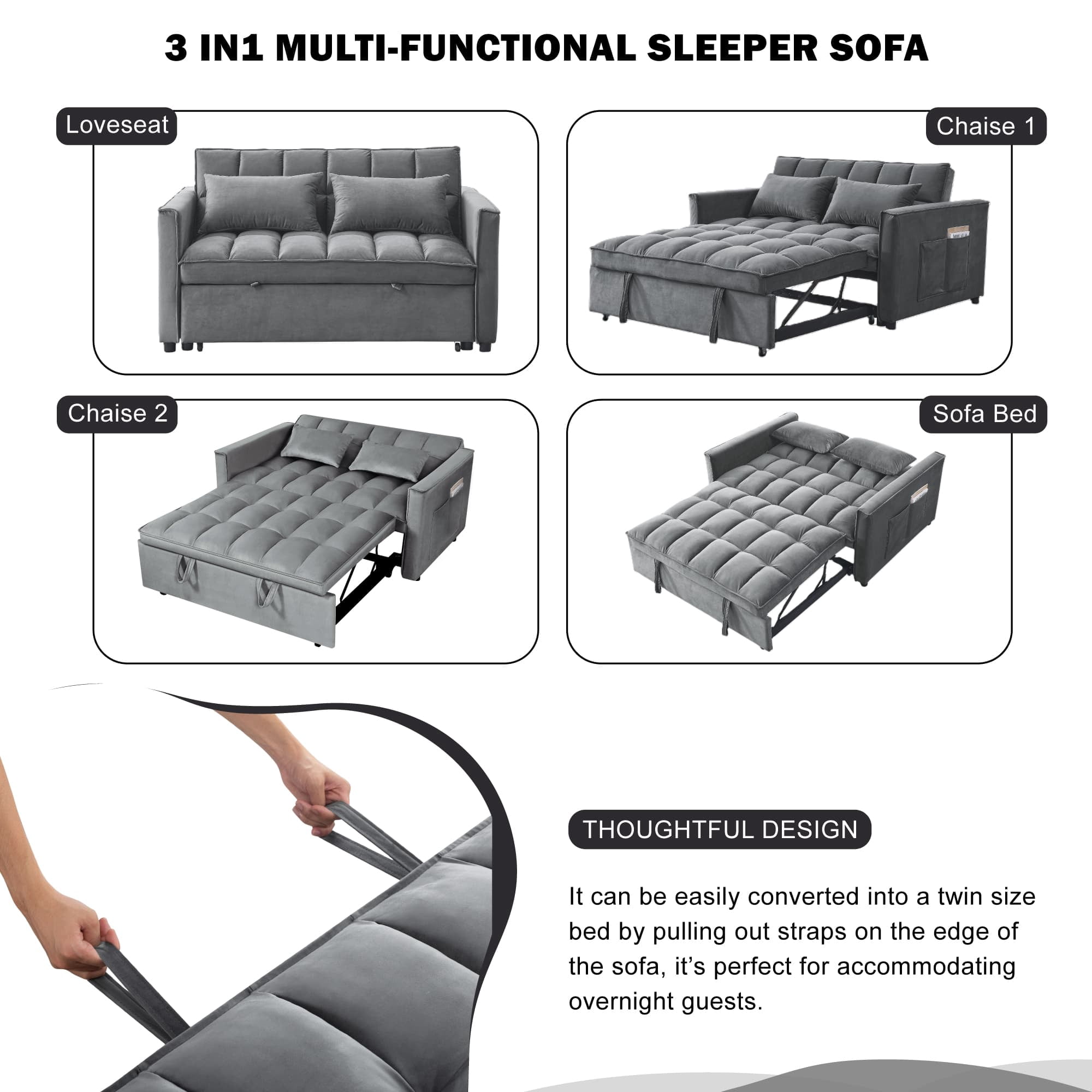 BSHTI 54" Fold out Sleeper Sofa Bed,Convertible Twin-Size Bed,With 3 Angles Adjustable Backres,Velvet Upholstery,Easy Assembly, Dark Grey