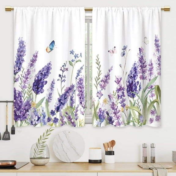 Purple Lavender Flower Kitchen Curtains Floral Butterfly Bathroom Curtains Window Treatment Drapes Tier Rustic Plant Cafe Small Bedroom Short French Door Curtains 2 Panels 27.5x39 Inch