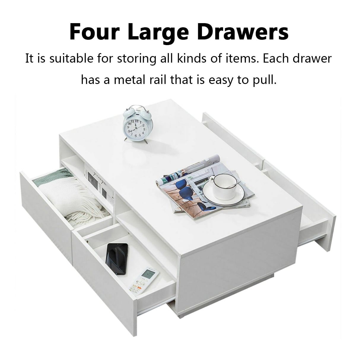 Hommpa LED Coffee Table Rectangular High Gloss Coffee Tea Table Modern Center Table with LED Light 4 Storage Drawers Sofa End Table for Living Room 35.4 x 22 x 13.8 Inches