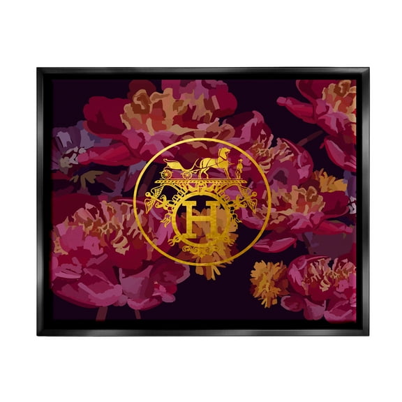 Stupell Industries Glam Emblem Flower Pattern Botanical & Floral Painting Black Floater Framed Canvas Art Print Wall Art, 21 x 17