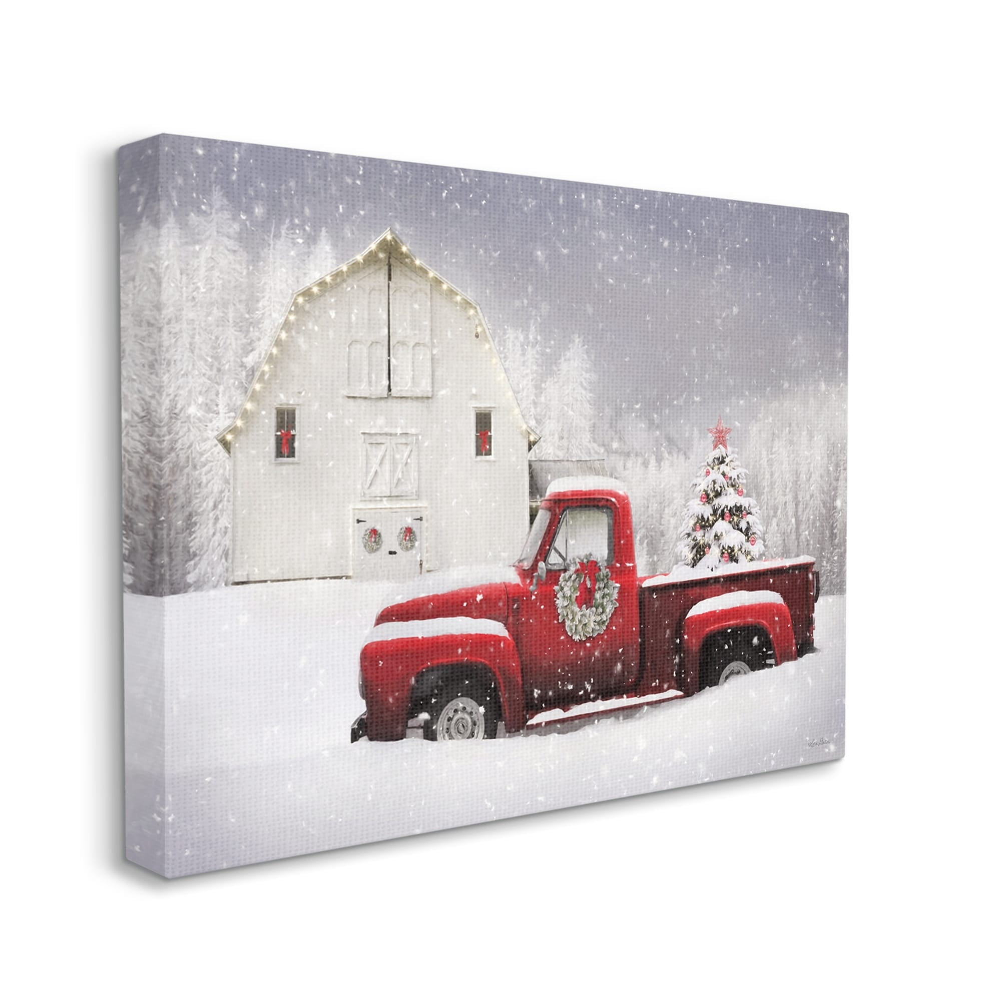 Red Truck Parked Snowy Decorated Christmas Barn Transportation Painting Gallery-Wrapped Canvas Print Wall Art