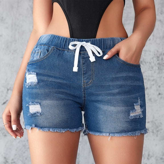 Ripped Jean Shorts Women Elastic Waist Drawstring Frayed Hem Denim Shorts Ripped Washed Shorts Summer Fashion Distressed Boyfriend Jorts Blue L