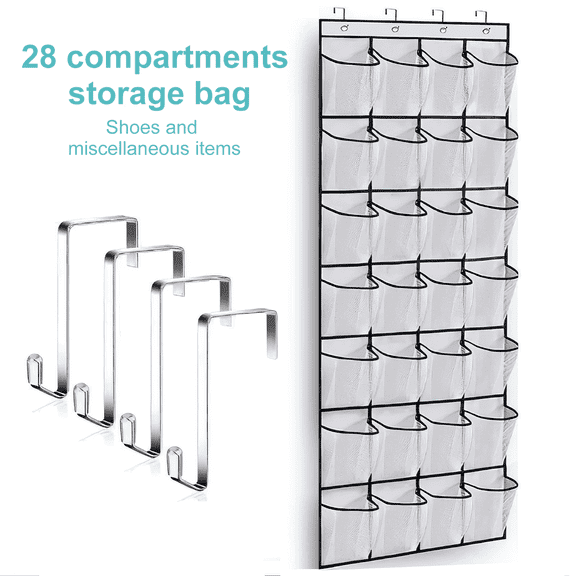 SPORTS JOY Over The Door Shoe Organizer, 28 Mesh Pockets, Holds Up to 50 lbs, Anti-scratch Heavy-duty Hooks, Shoe Storage (White)