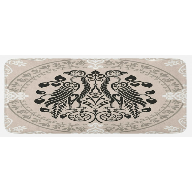 Vintage Kitchen Mat, Heraldic Eagle Birds with Damask Floral Victorian Retro Design, Plush Decorative Kitchen Mat with Non Slip Backing, 47" X 19", Tan Black White, by Ambesonne